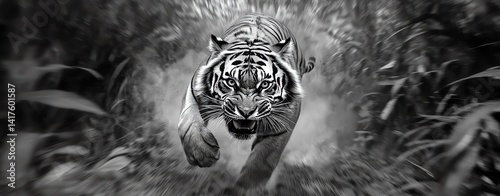 Black and white tiger running photograph full-body tiger hyper-realistic style black and white tiger running photograph showing dramatic motion, focused black and white tiger running photograph in act