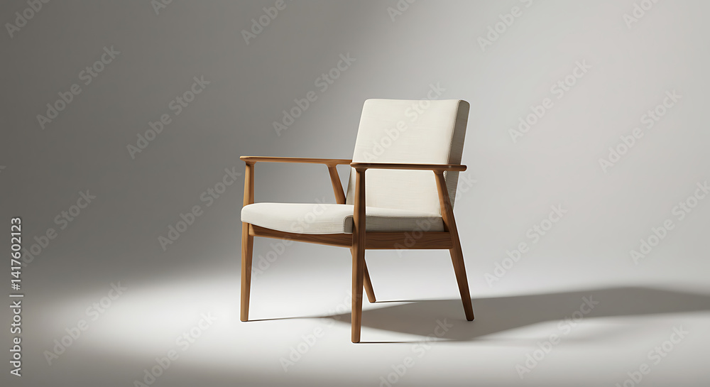 Fototapeta premium Elegant mid-century modern armchair with light fabric upholstery and natural wood frame, set against a soft grey studio background with subtle spotlighting, concept for interior design, furniture