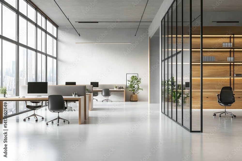 Fototapeta premium Modern and spacious office interior featuring desks and large windows