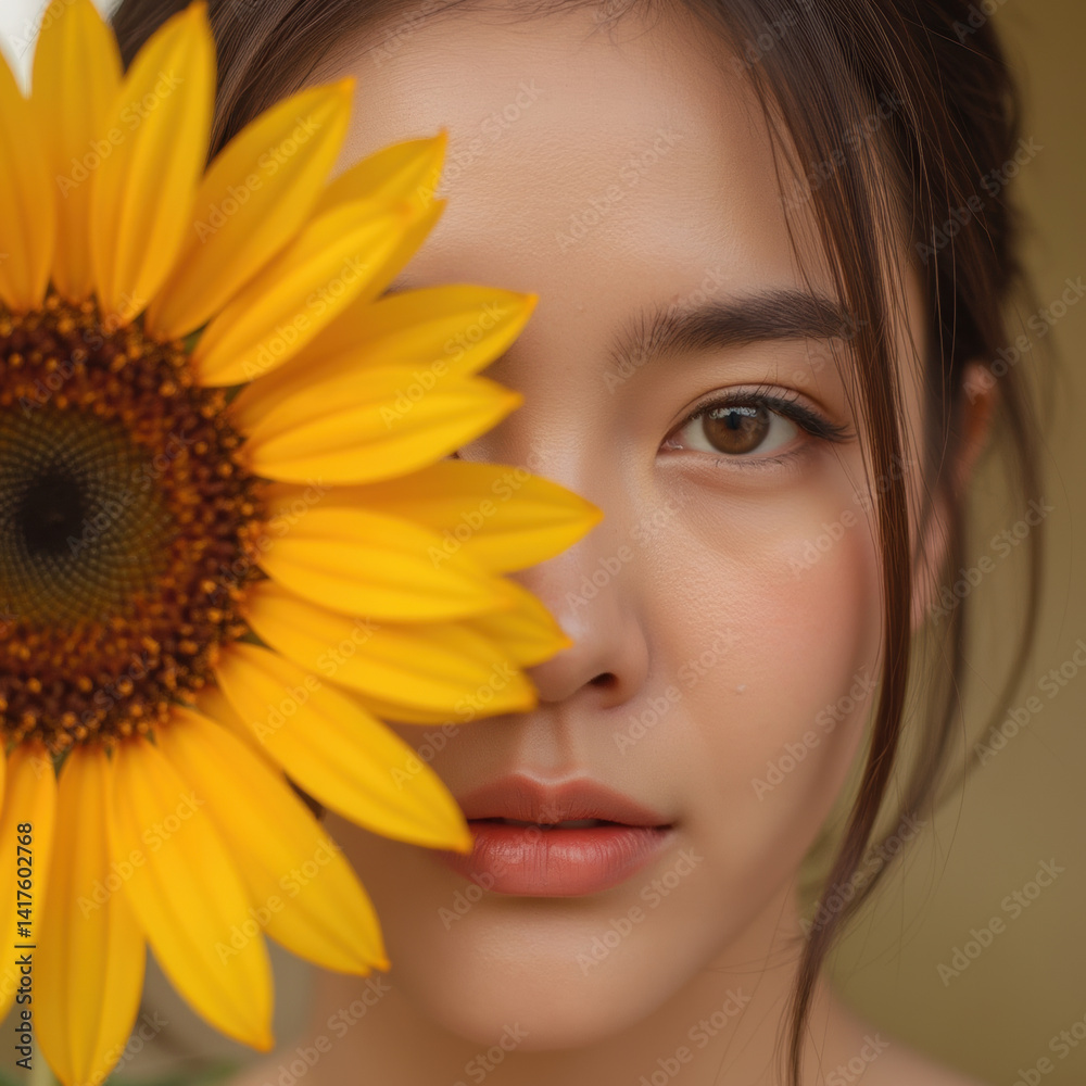 serene portrait of young woman partially obscured by vibrant sunflower, showcasing natural beauty and calm expression serene portrait of young woman partially obscured by vibrant sunflower, showcasing natural beauty and calm expression
