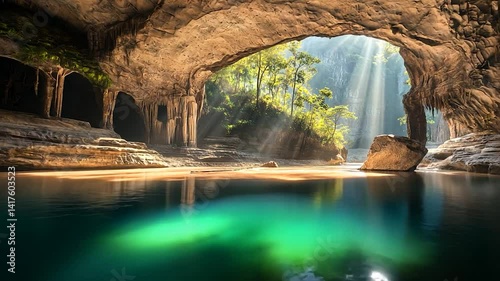 Sunlight streams through cave opening onto tranquil pool