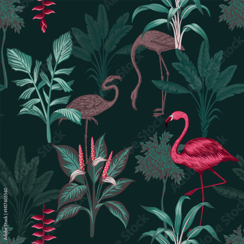 Flamingo bird, exotic flower, plant, banana tree floral seamless pattern. Tropical floral wallpaper.	
