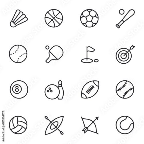 A set of sports icons including a tennis racket, a baseball bat, a soccer ball