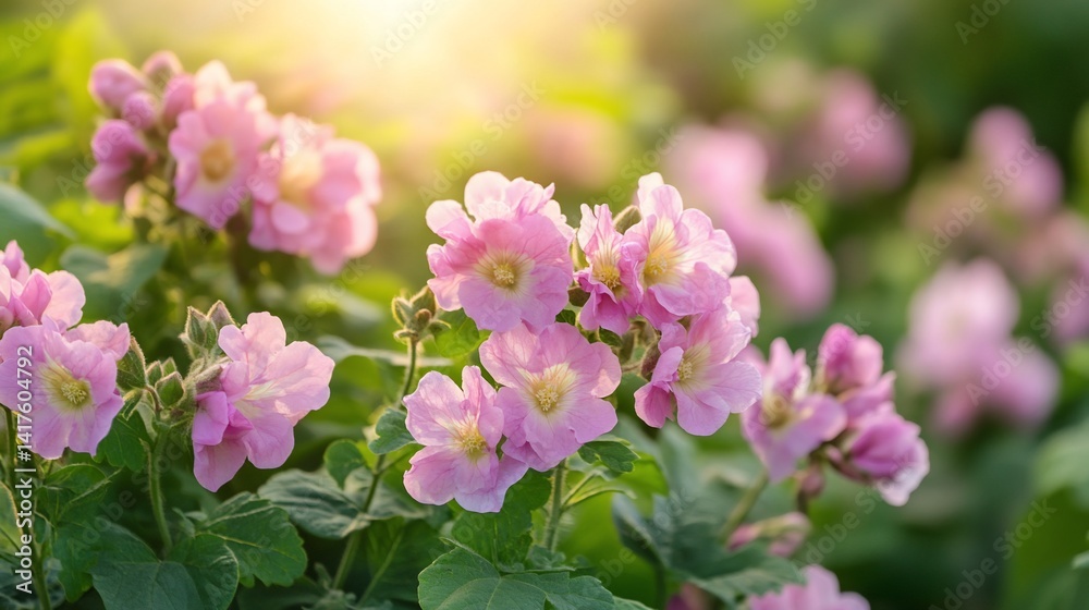 Pink flowering mallows, vibrant light. Bloom in garden on a sunny day Pink flowering mallows, vibrant light. Bloom in garden on a sunny day
