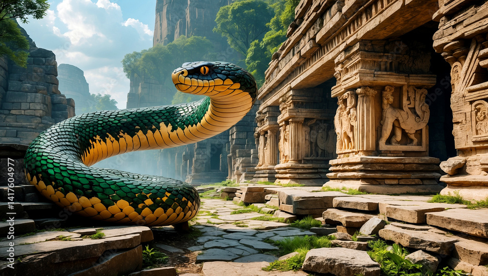 Obraz premium Majestic snake coiling through mystical ancient temple