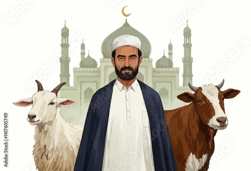 A bearded Muslim man in traditional attire stands solemnly between a white goat and a brown cow, symbolizing the act of Qurbani.