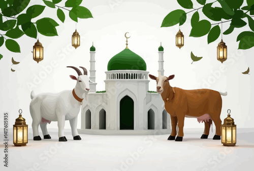 3D illustration captures the spirit of Eid al-Adha with two goats one white and one brown standing in front of a grand mosque featuring green domes and minarets. 