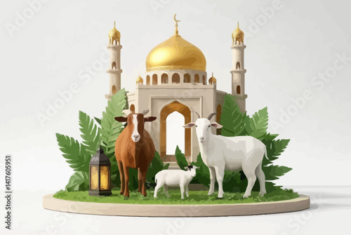 3D illustration captures the spirit of Eid al-Adha with two goats one white and one brown standing in front of a grand mosque featuring green domes and minarets. 