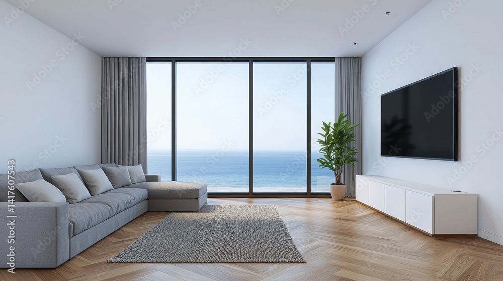 Fototapeta premium Modern Living Room with Ocean View and Stylish Interior Design