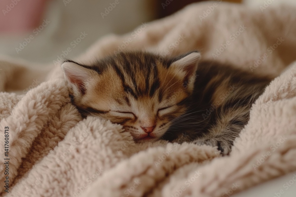 Adorable tabby kitten sleeping peacefully on fluffy blanket Adorable tabby kitten sleeping peacefully on fluffy blanket