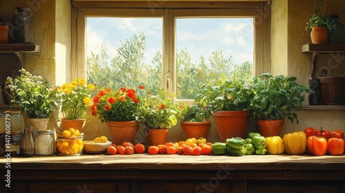Rustic windowsill garden filled with vibrant herbs and vegetables