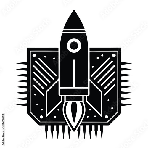 Rocket launching from a tech chip on white background