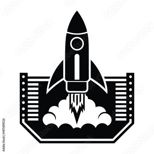 Rocket launching from a tech chip on white background