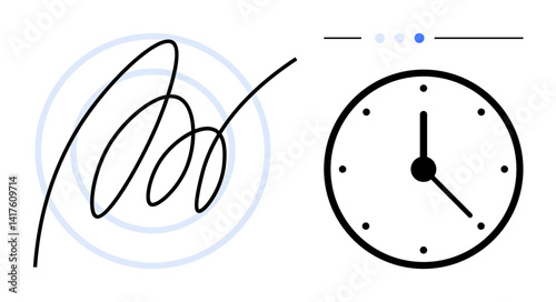 Hand-drawn signature next to a minimalist clock design, representing efficiency, time tracking, digital workflows, authentication, organization, productivity enhancement, and a simple landing page