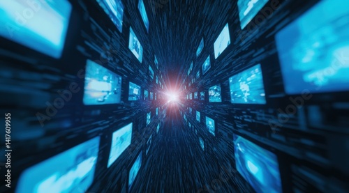 Digital Tunnel with Glowing Screens and Data Streams in Motion