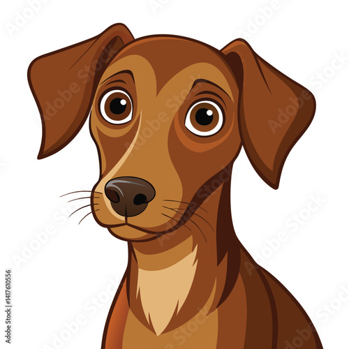 A brown dog with floppy ears tilts its head inquisitively against a stark white background.