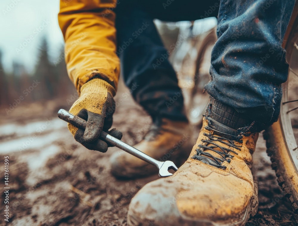 Worker Repairing Bicycle in Muddy Environment with Wrench in Hand Worker Repairing Bicycle in Muddy Environment with Wrench in Hand