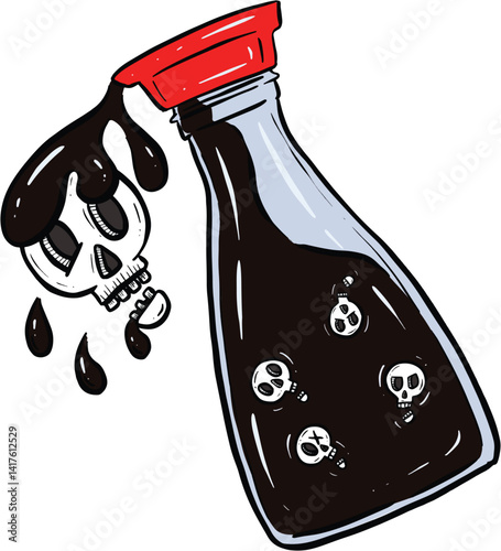 Poison Soy Sauce Soya Allergy Intolerance Bottle being poured cartoon illustration skulls