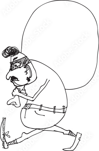 Thief in the mask with a moustache running with a bag, a criminal housebreaker. Coloring page sketch character. Cartoon design for t shirt print, icon, logo, label, patch or sticker.