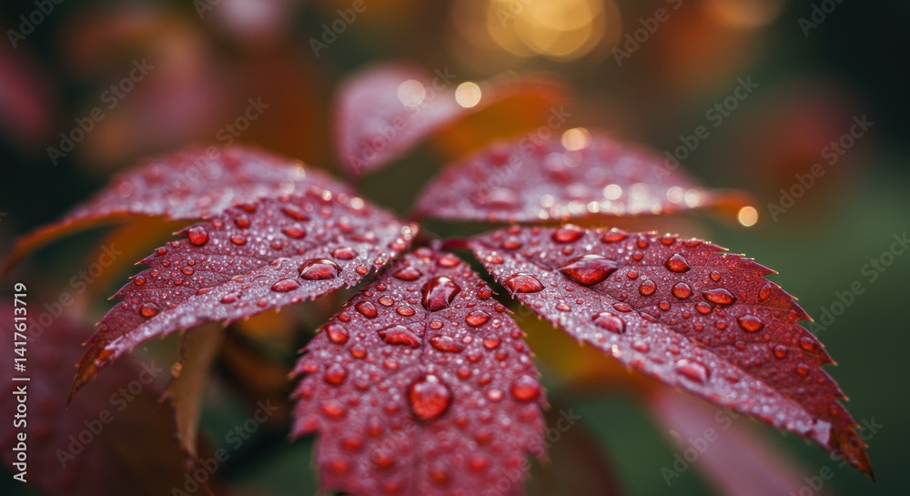 Dew-covered Red Leaves - Photo Dew-covered Red Leaves - Photo