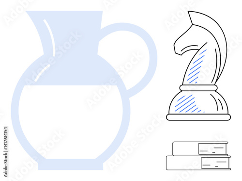 Transparent water pitcher beside chess knight piece and two stacked books. Ideal for strategy, education, learning, creativity, decision-making, analysis, planning. Flat simple metaphor