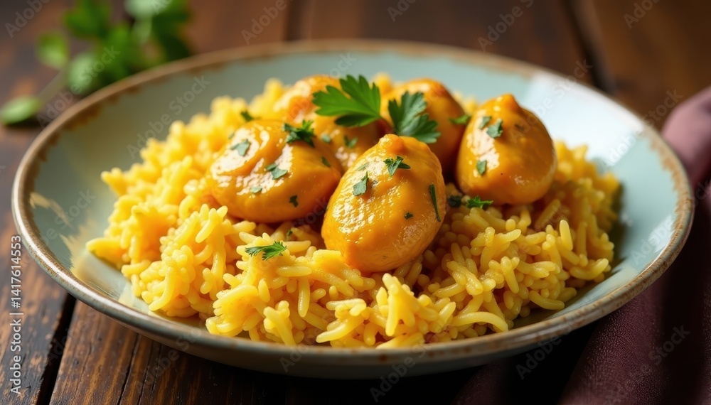 Fragrant basmati rice served with tender chicken in creamy korma sauce, chicken, yellow sauce Fragrant basmati rice served with tender chicken in creamy korma sauce, chicken, yellow sauce