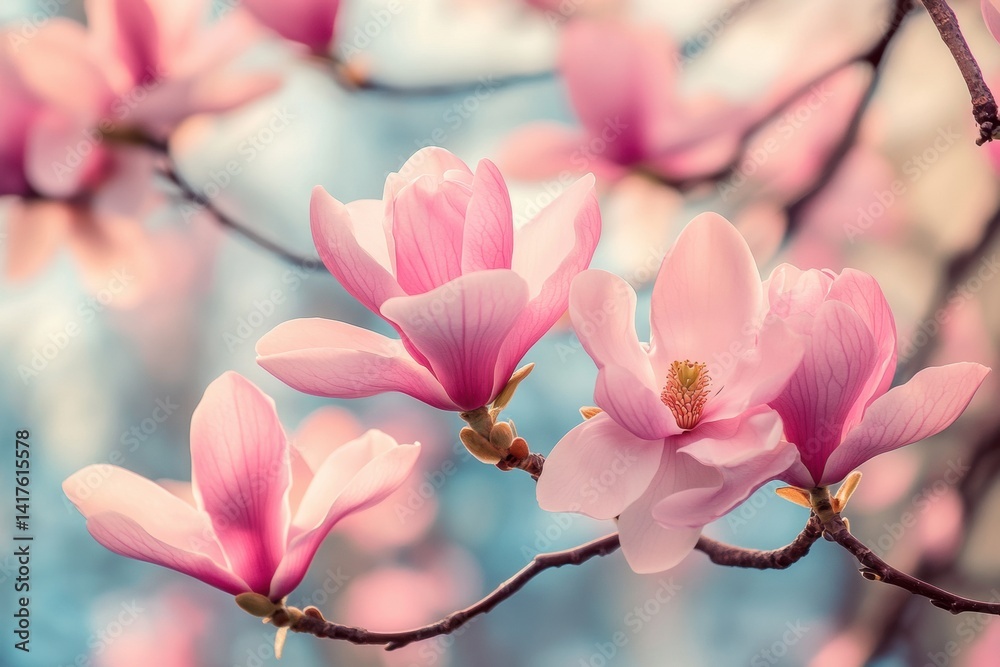 Obraz premium Blooming magnolias in soft focus with pink petals in springtime garden