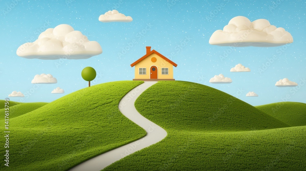 Naklejka premium Cozy House on a Green Hill with Blue Sky and Fluffy Clouds