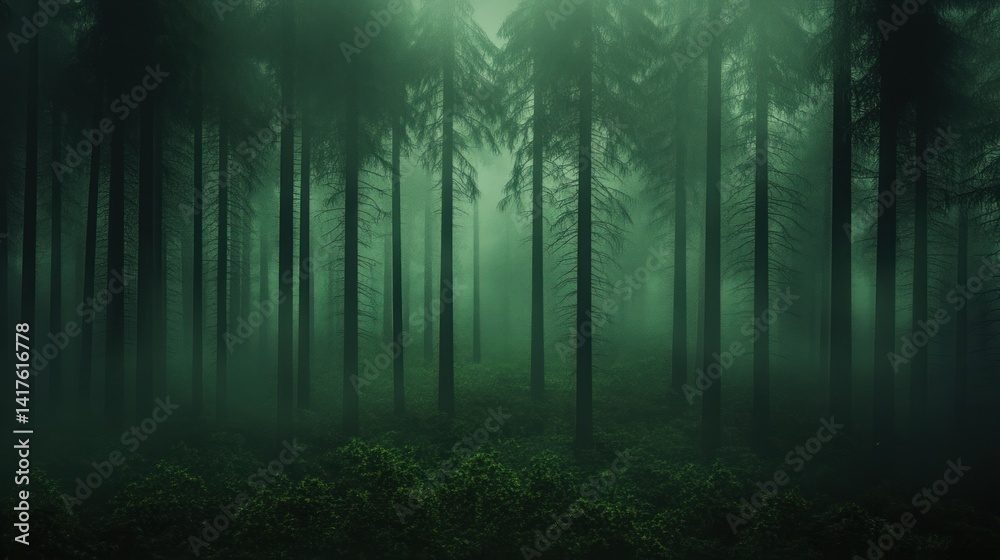Obraz premium Enigmatic Green Forest: A Mystical Fog Envelops Ancient Trees