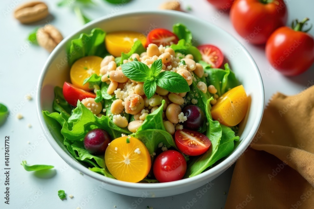 Fresh vibrant salad with colorful mixed greens, fruits and nuts, colorful plate, nuts Fresh vibrant salad with colorful mixed greens, fruits and nuts, colorful plate, nuts