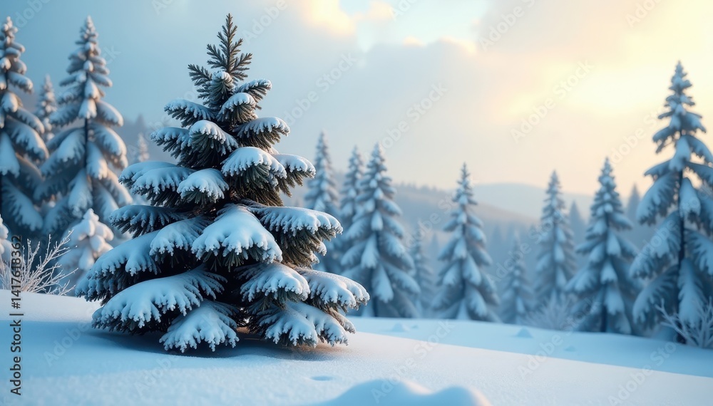 Frosty pine tree stands alone in snowy forest landscape, forest, nature Frosty pine tree stands alone in snowy forest landscape, forest, nature