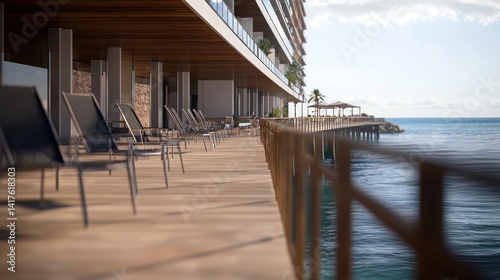 Coastal resort deck with lounge chairs, ocean view, modern condo building photo