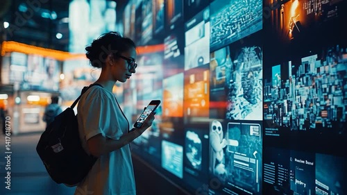 Young woman exploring digital displays in a vibrant urban setting