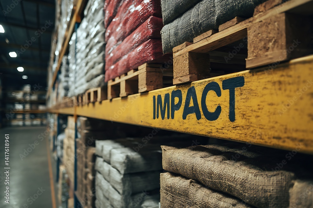 Fototapeta premium Goods on warehouse shelves highlighting import tariffs trade flow effects