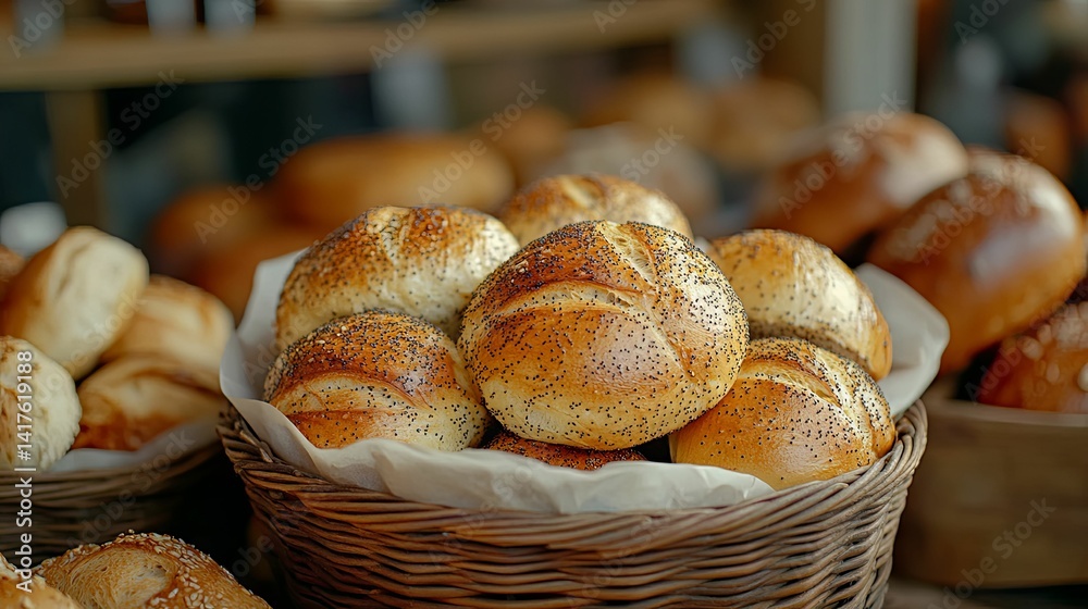 A variety of freshly baked breads in wicker baskets. A variety of freshly baked breads in wicker baskets.