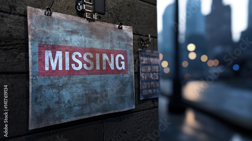 Missing person poster on urban wall, city background