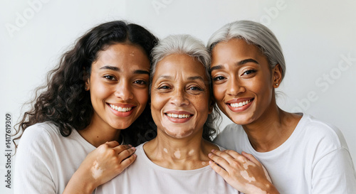 Three generations of african american women with vitiligo on skin  joyfully embracing against a neutral background  