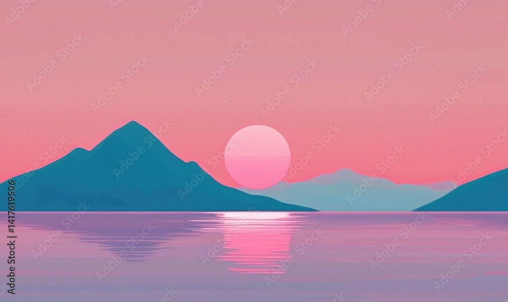 Serene Sunset Over Mountains and Calm Water in Pastel Colors Serene Sunset Over Mountains and Calm Water in Pastel Colors