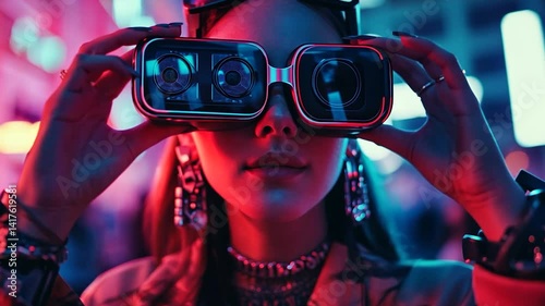 Young woman wearing futuristic glasses in neon-lit urban setting
