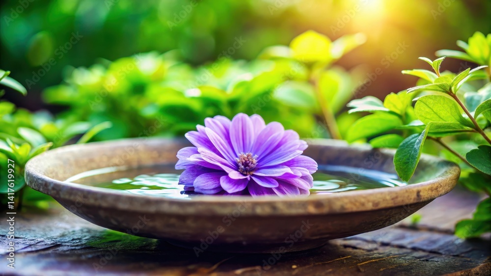 Fototapeta premium A delicate violet flower blooms in a shallow bowl, with soft petals and intricate details in selective focus, surrounded by lush green leaves , floral arrangement, garden scene