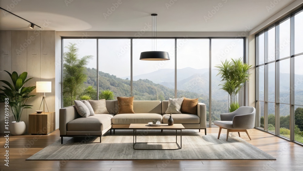Fototapeta premium Minimalist living room with a large window and modern furniture, interior design