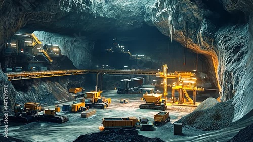 A bustling underground mining operation with heavy machinery and illuminated structures