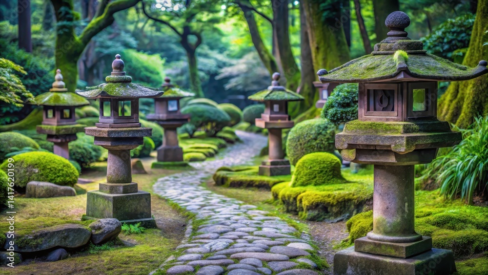 Serene Japanese garden with stone lanterns and moss-covered pathways in The Hague, Netherlands , outdoor Serene Japanese garden with stone lanterns and moss-covered pathways in The Hague, Netherlands , outdoor