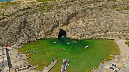 Drone view of the Inland Sea and a cave on the island of Gozo, Malta island