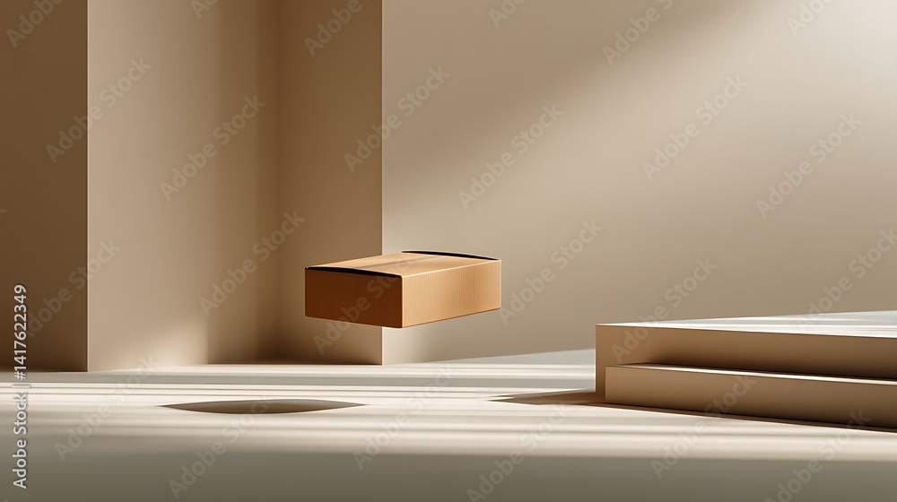 Floating cardboard box in minimalist interior space with warm tones and soft lighting effects Floating cardboard box in minimalist interior space with warm tones and soft lighting effects