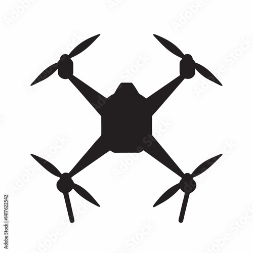 Vector silhouette of a modern quadcopter drone with visible propellers and streamlined body. Depicted in solid black on a clean white background, this design is perfect for technology themes, aerial p