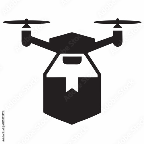 Vector silhouette of a modern quadcopter drone with visible propellers and streamlined body. Depicted in solid black on a clean white background, this design is perfect for technology themes, aerial p