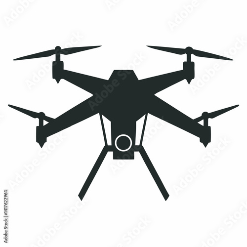 Vector silhouette of a modern quadcopter drone with visible propellers and streamlined body. Depicted in solid black on a clean white background, this design is perfect for technology themes, aerial p