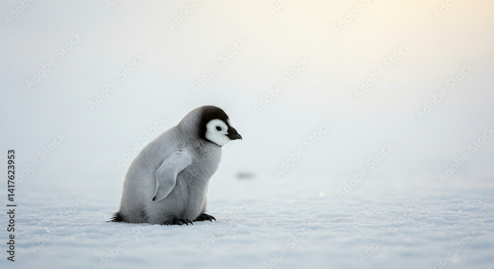 Fototapeta premium Penguin Chick Standing Alone on Snowy Landscape