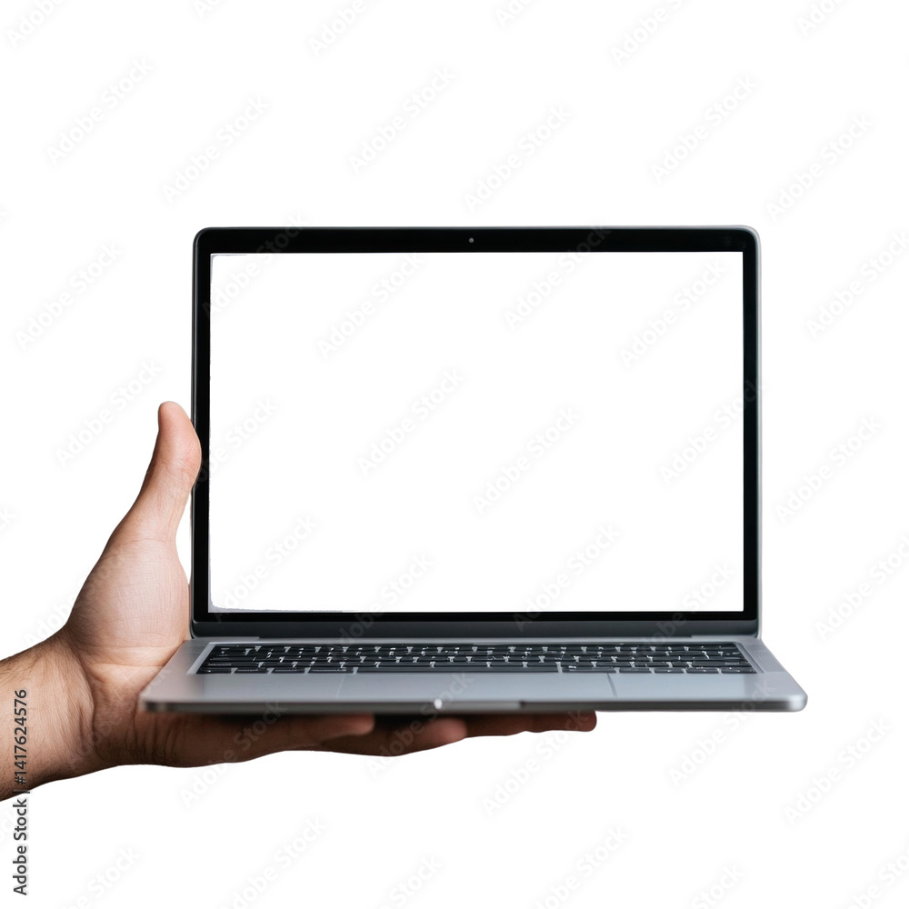 Fototapeta premium A person is holding a laptop with a white screen